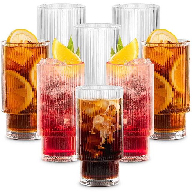 Combler Glass Cups with Straws Drinking Glasses 12.5oz Ribbed Glassware Set  o