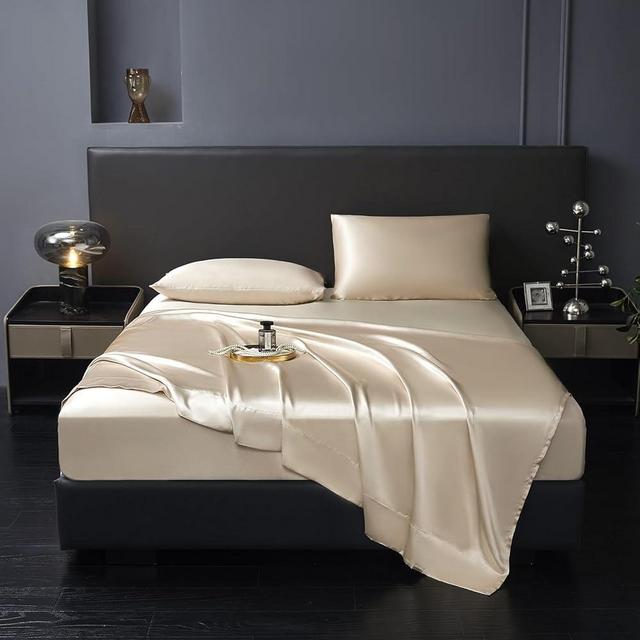 Revdomfly 4 Pcs King Size Luxury Silky Soft Gold Satin Sheet Set,1 Premium Moisture Wicking Fitted Sheet Fits Up to 16 Inches Deep Pocket + 1 Flat Sheet + 2 Pillowcases（Gold, King）