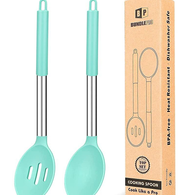 Pack of 2 Large Silicone Cooking Spoons,Non Stick Solid Basting Spoon,Heat-Resistant Kitchen Utensils for Mixing,Serving,Draining,Stirring