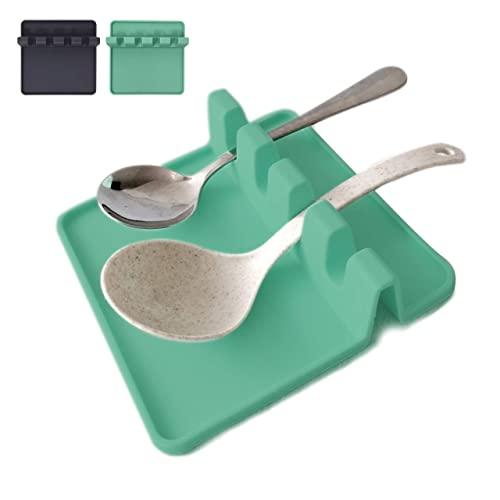 Makerstep Silicone Utensil Spoon Rest with Drip Pad Non Slip Heat Resistant Kitchen and Grill Spoon Holder for Spatula, Ladle, Tongs, Kitchen Gadgets and Cooking Accessories 5.5” x 5.5" (Mint)