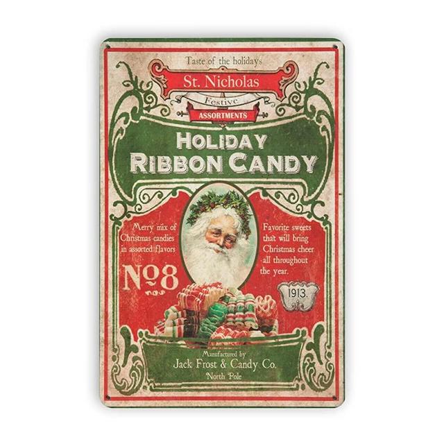 Gexlly Xmas Decorations Holiday Ribbon Candy Xmas Decor Art Shop Man Cave Bar Vintage Retro Metal Sign Christmas Metal Sign 4 X 6 Inch