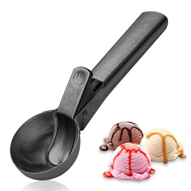 Ice Cream Scoop,Portable Stainless Steel Ice Cream Scoop with Trigger and Comfortable Handle,Icecream Scoop Spoon Perfect for DIY Ice Cream,Fruit,Cookie (1P-black)