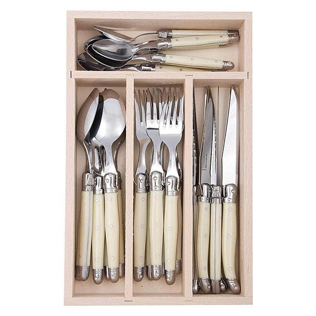 Jean Dubost 24 Piece Set Everyday Flatware Set With Handles, Laguiole, In a Tray With A Microfiber Cleaning Towel (2 Piece Bundle) (Ivory)