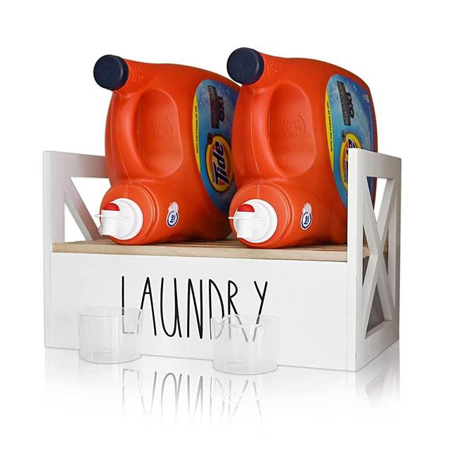 Detergent Holder for Laundry Room, Farmhouse Detergent Dispenser, Liquid Soap Storage Organization, Detergent Stand with Drip Catcher Drip Tray Measuring Cup, Laundry Station Organizer