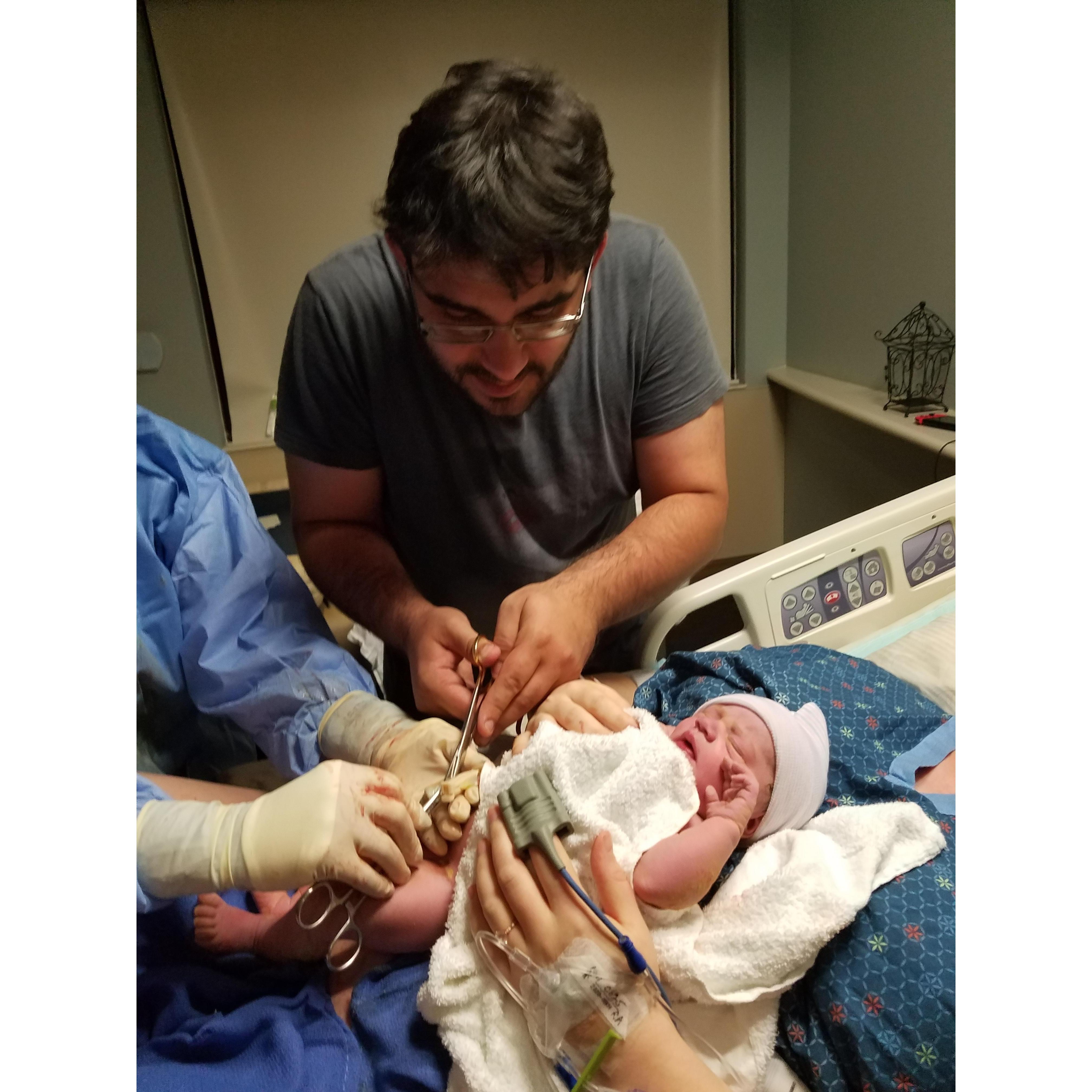 Lucas cutting the umbilical cord! Oct 2018