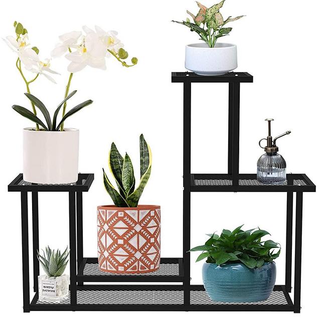Plant Stand, 4 Tiers Multifunctional Plant Stands for Indoor Plants, Decorative Black Steel Plant Shelf for Indoor Outdoor Patio Garden Balcony and Yard