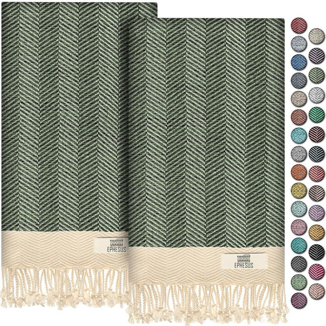 EPHESUS TOWELS Hand Towels - Set of 2 | 18"" x 40"" - Turkish Cotton - Decorative Turkish Hand Towel for Bathroom, Kitchen, Guest, Face, Hair, Tea, Dishcloth (Herringbone, Green), STLN001