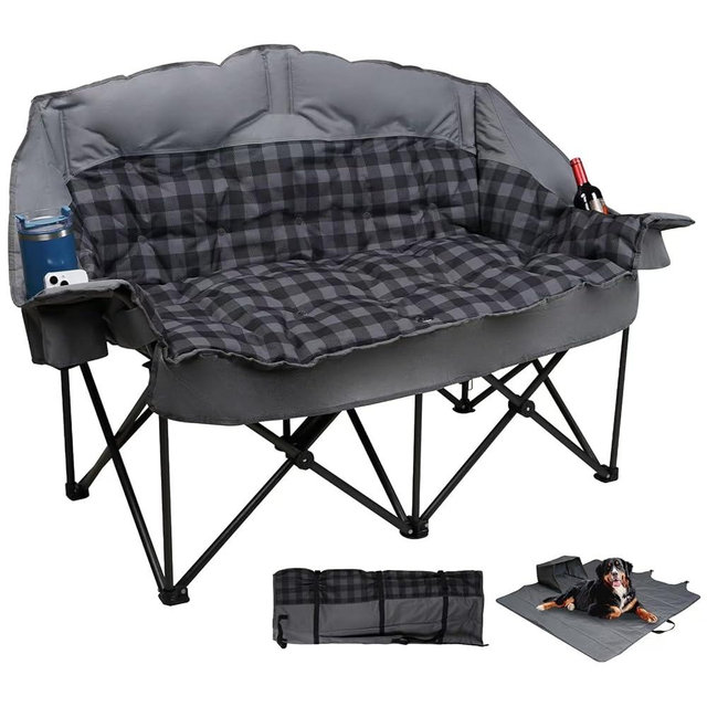 Double Camping Chair, Oversized Loveseat with 2 in 1 Store Bag, Extra Padded Camp Chairs 2 Person Camping Couch Heavy Duty Sofa Folding Lawn Chair with Cup Holders for Couples Adults Patio Backyard
