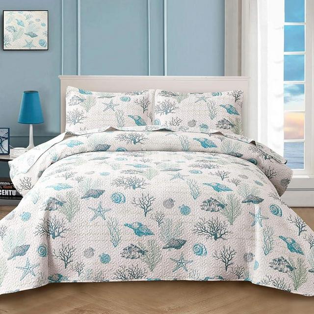 CHESITY 3-Piece Ocean Quilts Set Full/Queen Size Beach Bedspread Lightweight Coastal Bedding Reversible Bedding Cover Nautical Coverlet Set Seaweed Coral Beach Conch Sheet(90"x90")