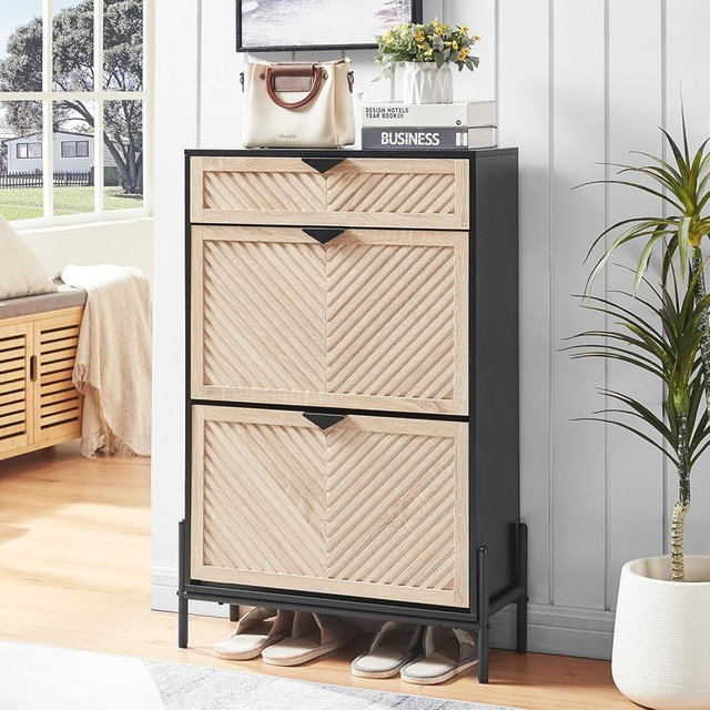 HUSHEDIFY Shoe Cabinet Storage with 2 Flip Drawers, Narrow Hidden Shoes Organizer Cabinet for Entryway, Freestanding Slim Shoe Rack Front Door Entrance(Oak&Black)