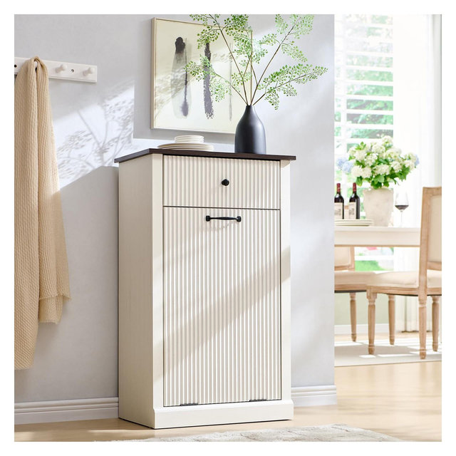 Tilt-Out Trash Cabinet, Hidden Trash Can with 10 Gallon Storage, Wooden Hidden Garbage Can Cabinet with Drawer for Kitchen & Living Room, White