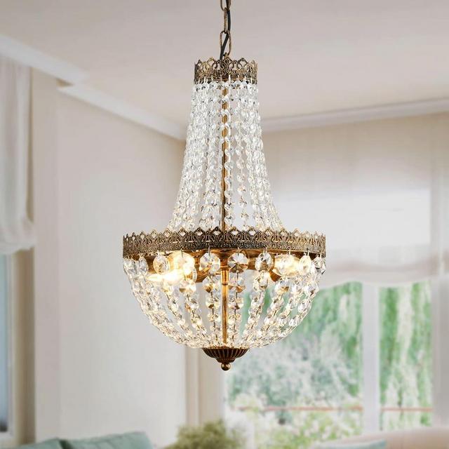 KAIQI 4 Lights French Empire Mini Crystal Chandelier Farmhouse Pendant Lighting, Bronze Finish Ceiling Light Fixture for Dining Room Bedroom Foyer Living Room, W12.6 x H19.7