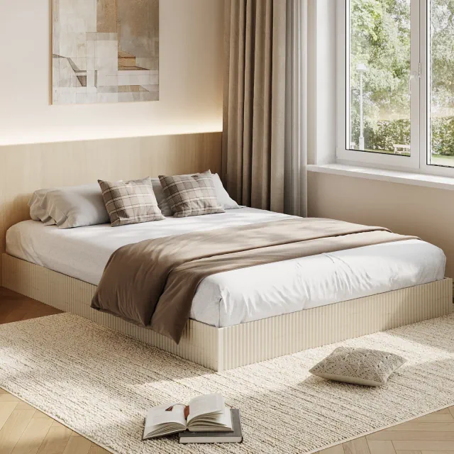 Wood Bed Frame, Wooden Platform Bed with Fluted Design, Queen Bed Frame with Study Support, Easy Assembly, No Box Spring Needed, Ivory White