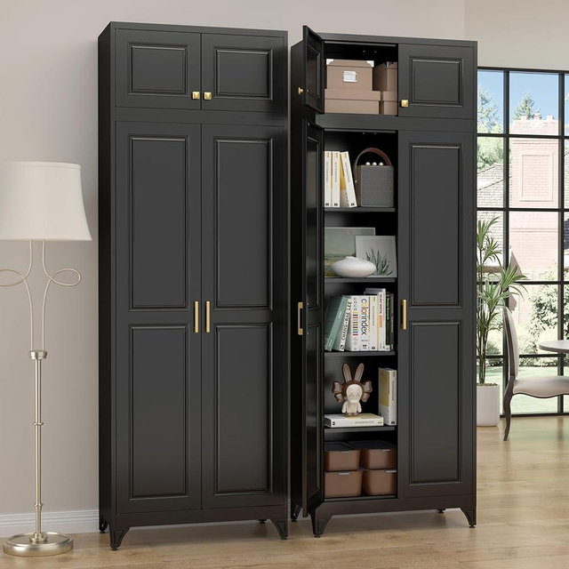 SteeLoong 90”Kitchen Pantry Cabinet,Metal Storage Cabinets with Doors and 4 Adjustable Shelves,Black Kitchen Cabinet with 2 Gold Handles,Tall Cabinet for Livingroom, Bathroom