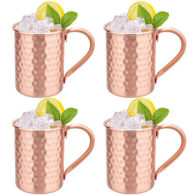 MeowvCraft 100% Pure Copper Cups Set of 4 - Moscow Mule Mugs with Handle - Copper Cup for Cold Drinking - Hand Hammered Finish Mug Gifts for Cocktail Drink Beer Wine Coffee Party Bar 14oz