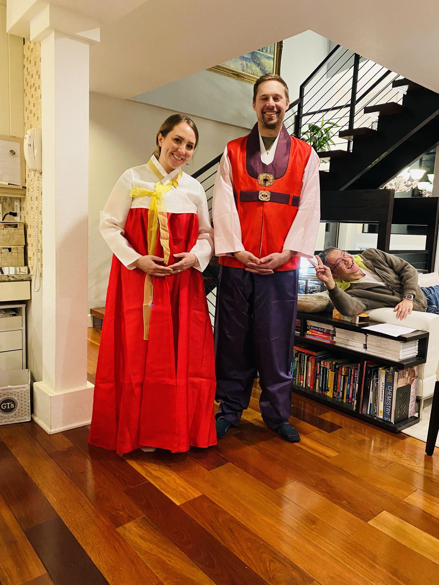 Alyssa and Trevor in hanboks (the traditional korean dress)