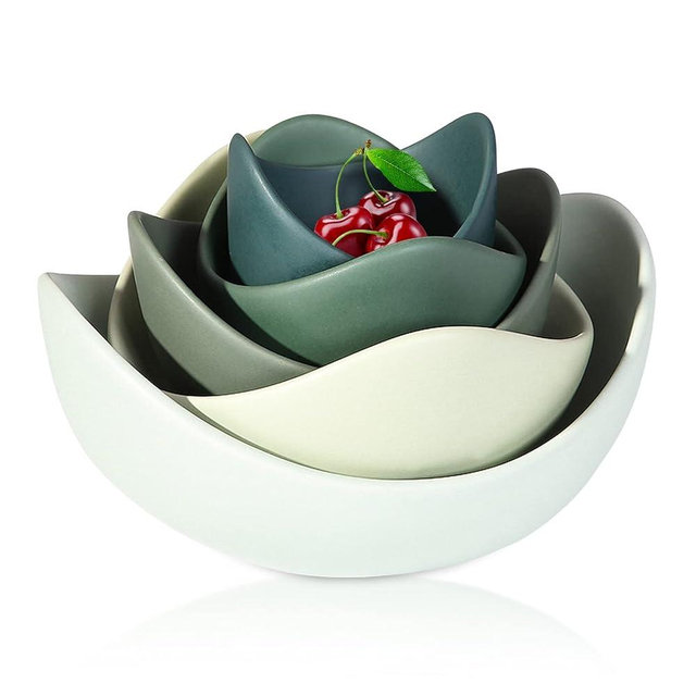 Premium 5Piece Ceramic Serving Bowls Set Blooming Lotus Shape Assorted Sizes for Salads Soups Ramen Daily Dining and Gatherings(Green, Medium)