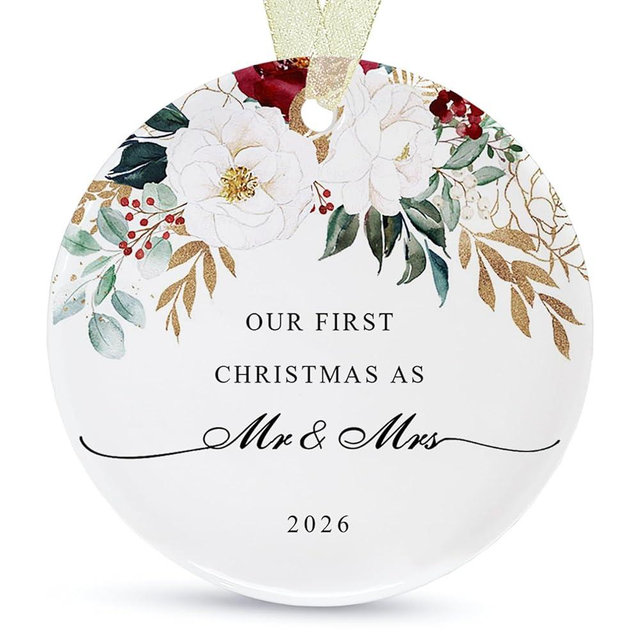 First Christmas as Mr and Mrs Ornament 2026,1st Year Wedding Ornament for Newlywed,Our First Married Christmas Ornament,Ceramic Hanging Decoration for Couples Just Married with Gift Box&Ribbon 2.9"