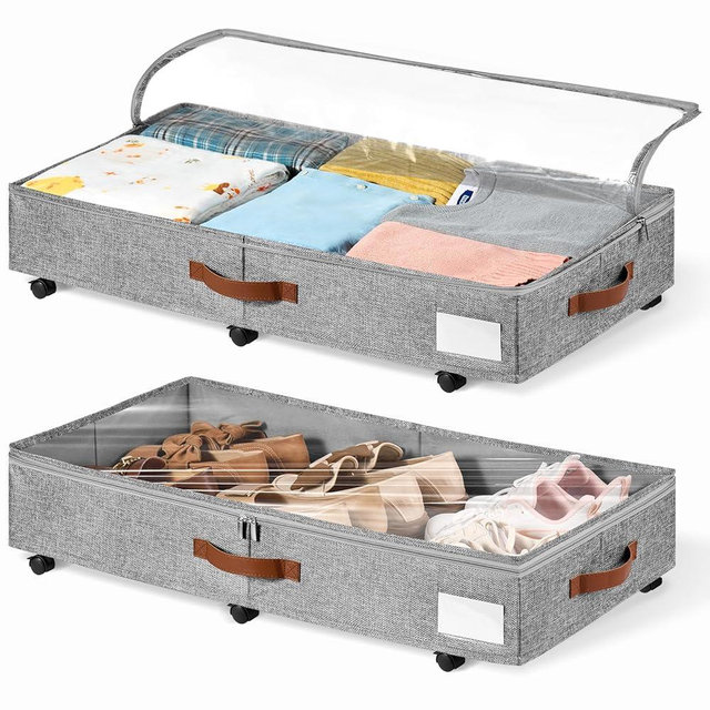 KitHero 6 Inches Under Bed Storage with Wheels Pack of 2, Underbed Shoe Storage Container Bin with Clear Lid Cover, Rolling Under Bed Drawer Bag Basket for Shoe Organizer Sheet Sweater - Grey