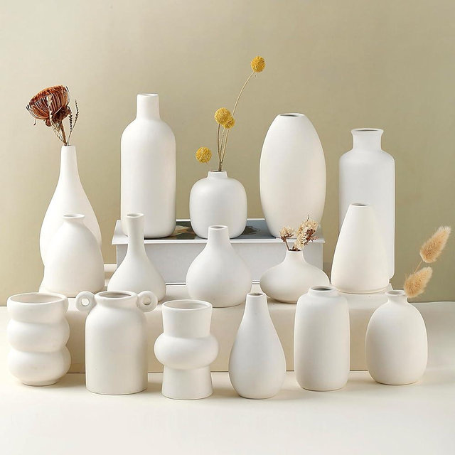 Parlamain Set of 16 White Ceramic Bud Vases, Minimalist Boho Small Pampas Grass Flower Vase for Farmhouse Home Decor, Wedding Centerpiece, Shelf and Table Decoration