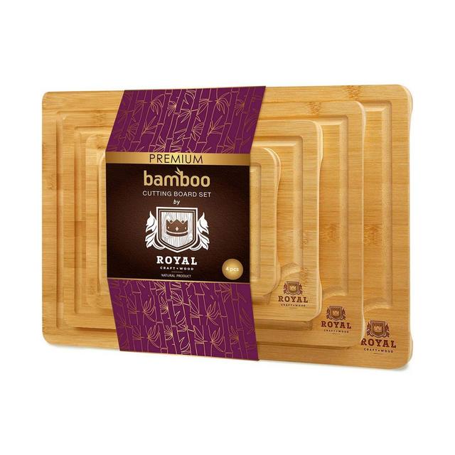 Royal Craft Wood Organic Bamboo Cutting Board with Juice Groove with Handles, Set of 4 Piece