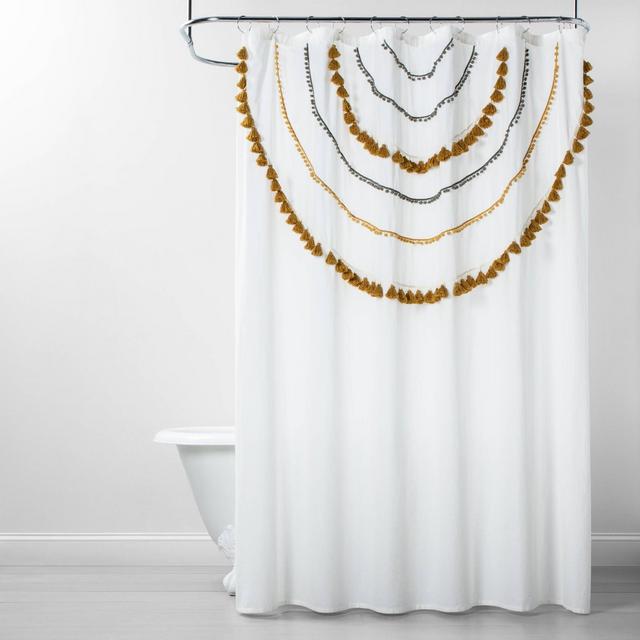 Scalloped Tassels & Pom Poms Shower Curtain Yellow/Gray - Opalhouse™