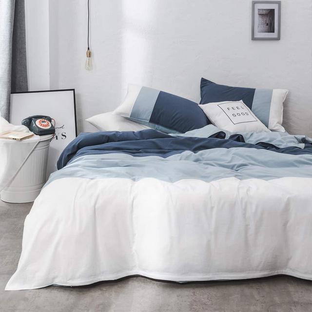 Blue White Stripe Duvet Cover Queen Bedding Modern Geometric Comforter Cover Washed Cotton Bedding Collection Patchwork Striped Quilt Cover Reversible Full Queen Bedding Cotton Duvet Cover Set