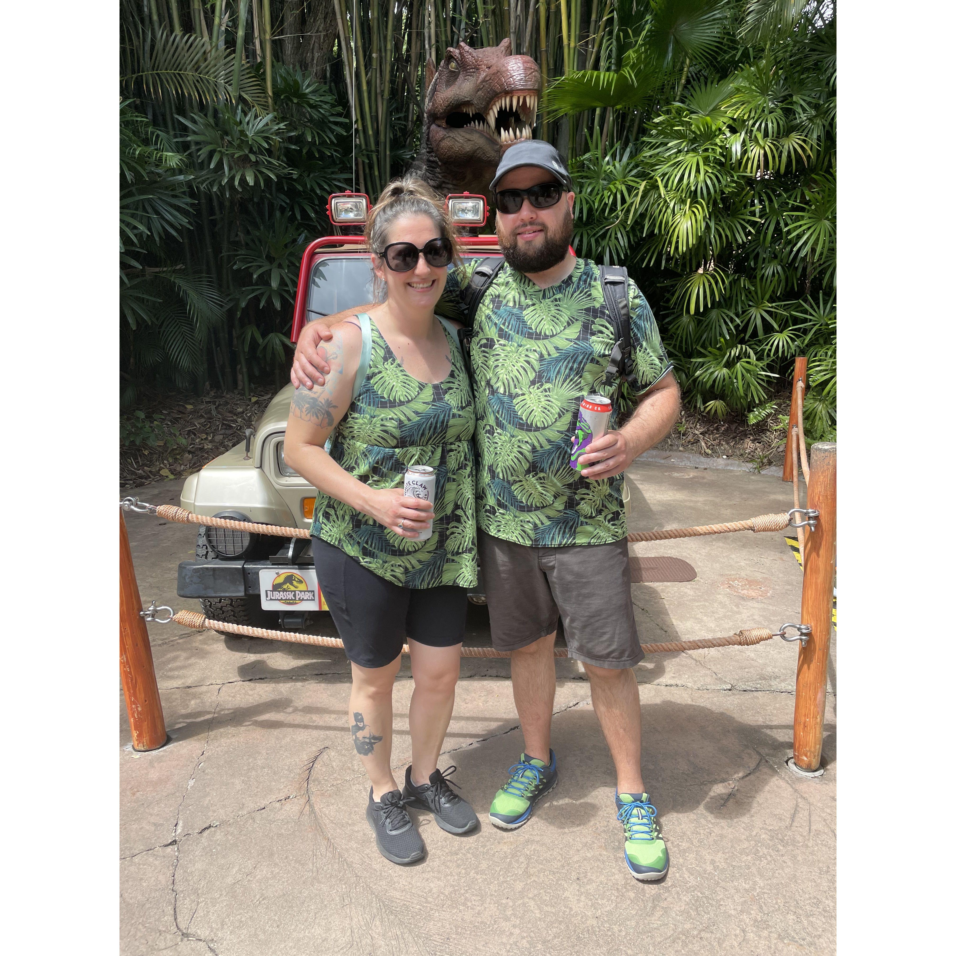 Our first time at Universal Studios wearing the matching shirts Nellie made.