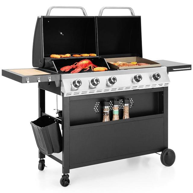 Captiva Designs Propane Gas Griddle Grill Combo with Porcelain-Enameled Cast Iron Grate & Cast Iron Pan, Dual BBQ Grill With Flat Top Griddle for Outdoor Kitchen & Backyard Barbecue,696 SQIN Cook Area