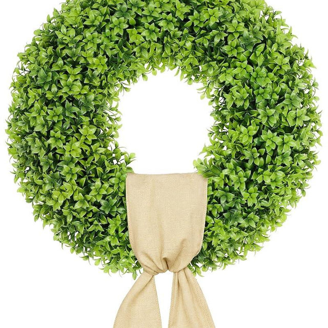 Vlorart 23 Inch Large Boxwood Door Wreaths for Front Door All Season, Artificial Spring Summer Green Wreath with Sash & Bow, Front Door Wreaths for Indoor Outdoor Porch Wall Window Farmhouse Decor