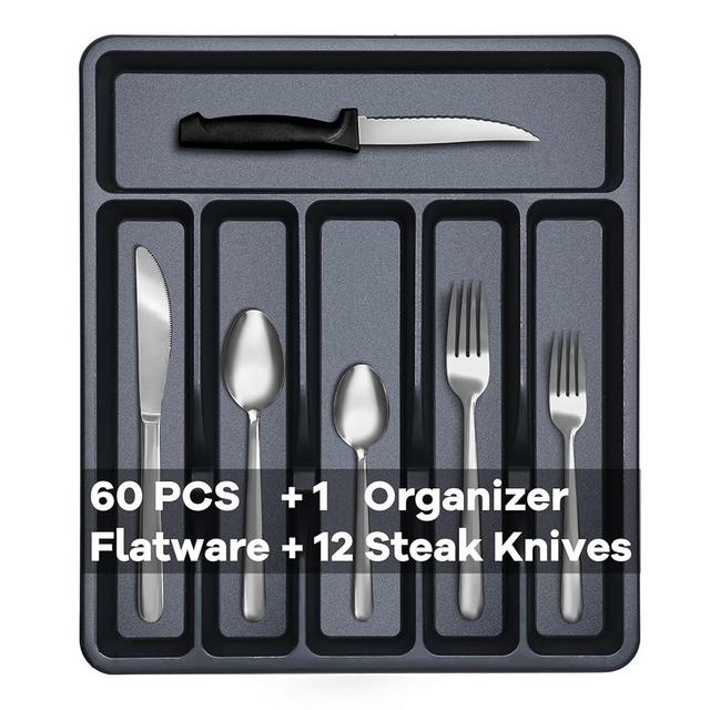 Pleafind 73-Piece Silverware Set with Organizer, Stainless Steel Silverware Sets for 12, Cutlery Utensil Sets with Steak Knives, Include Forks Spoons Knives ＆ Silverware Organizer, Dishwasher Safe