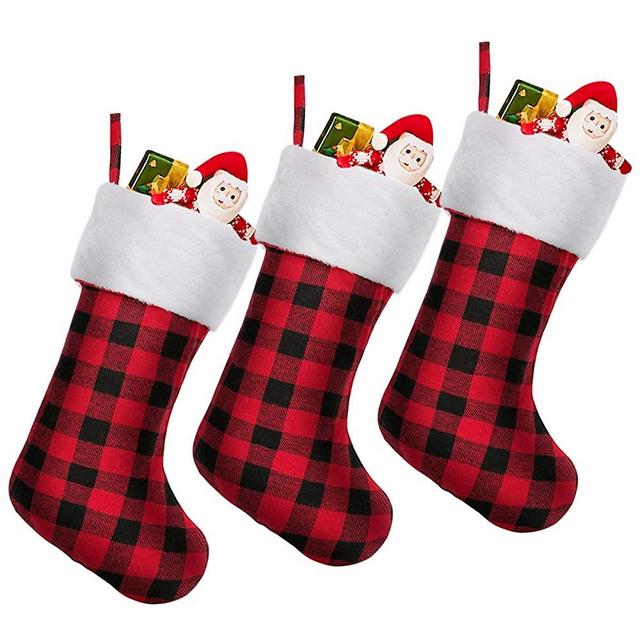 Townshine Buffalo Check Plaid Christmas Stockings, 16 Inches Cotton Faux Fur Plush Cuff Xmas Stocking for Family Holiday Decorations (3)