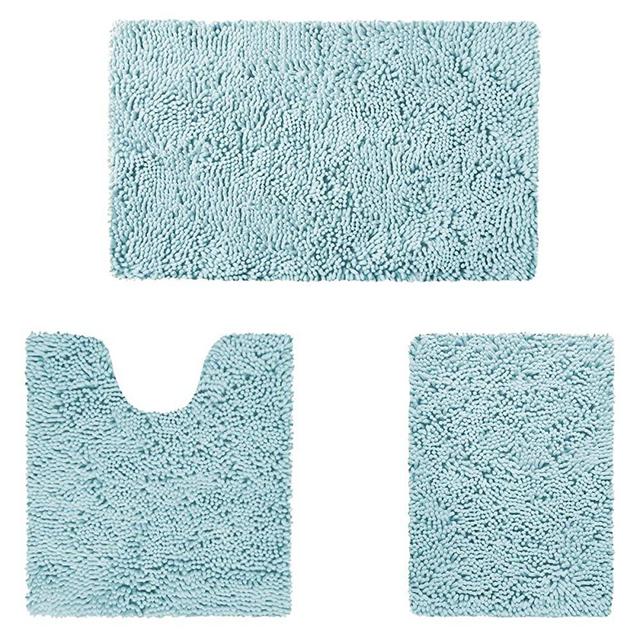 HOMEIDEAS 3 Pieces Bathroom Rugs Set Ultra Soft Non Slip and Absorbent Chenille Bath Rug, Light Blue Christmas Bathroom Rugs Plush Bath Mats for Tub, Shower, Bathroom