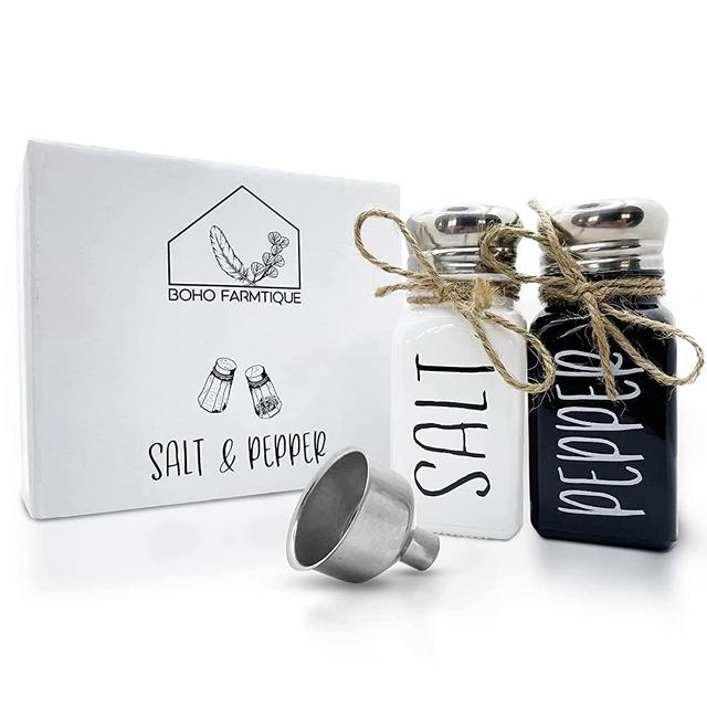 Farmhouse Salt and Pepper Shakers Set - Cute Rustic Twine, Stainless Steel Pour Lids and Vintage Black and White Finish, Classic Kitchen Decor, Refillable with Reusable Funnel by Boho Farmtique