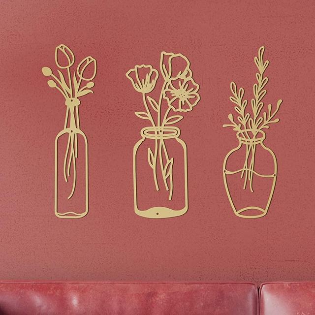 Hotop 3 Pieces Metal Flower Wall Decor Minimalist Vase Wall Art Tulip Wire Iron Decor Floral Wall Sculpture for Kitchen Bathroom Living Room(Fresh Style,4.2/4.5/5.5 Inches)