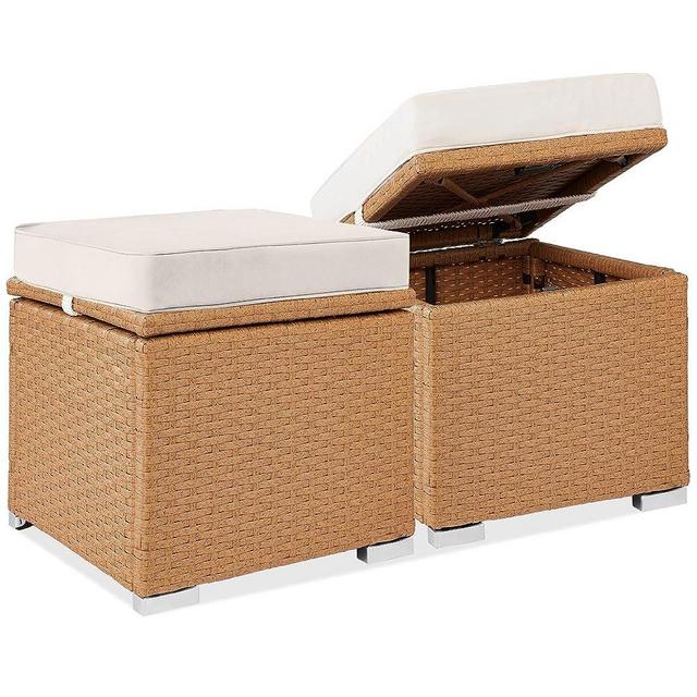 Best Choice Products Set of 2 Wicker Ottomans, Multipurpose Outdoor Furniture for Patio, Backyard, Additional Seating, Footrest, Side Table w/Storage, Removable Cushions - Natural/Ivory