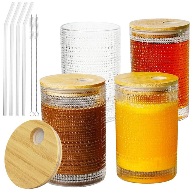 CWHHRN 15OZ Glass Cups with Lid and Straw, Vintage Embossed Glassware for Whiskey Cocktail Beer, Iced Coffee Cups with Lid, Glass Tumbler with Straw and Lid (4 PACK)