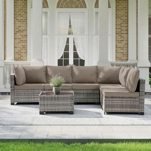 MOCHITO 7 Pieces Outdoor Patio Furniture Sets, All-Weather Sectional Sofa Grey PE Rattan Wicker Conversation Set with Glass Table and Washable Khaki Cushions for Backyard,Sunroom,Garden,Porch