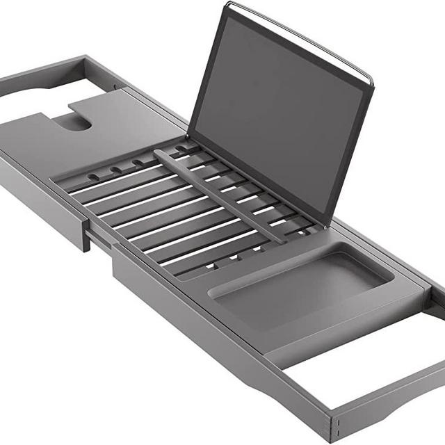 Bamboo Bathtub Tray Caddy - Expandable Bath Tub Tray - Adjustable Organizer Tray for Bathroom - Luxury Bath Caddy Tub Table, Bathtub Accessories & Bathroom Gadgets - Unique Gift Idea (Gray)