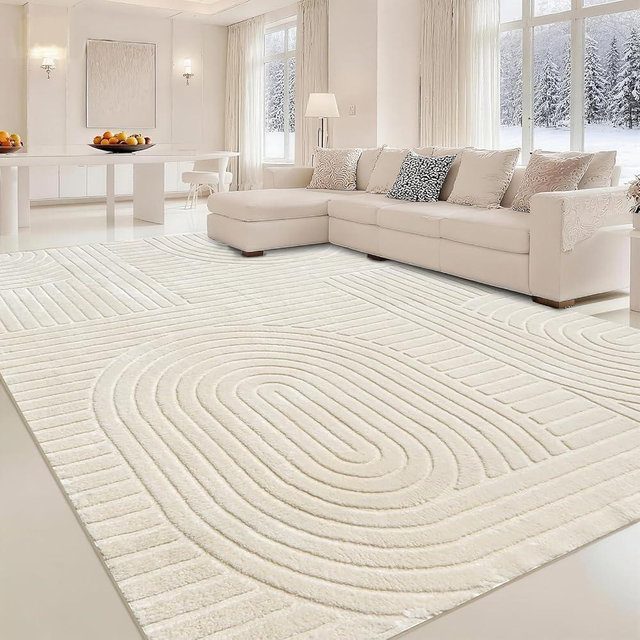 MATIIUI Beige Solid Area Rug 8x10 – Large Washable Soft Indoor Rugs for Living Room Bedroom, Modern Geometric Bohemian Pattern High-Low Pile Textured Carpet for House Apartment, Home Office Decor