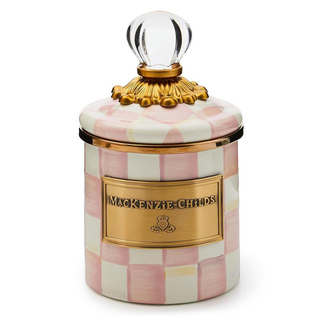 MACKENZIE-CHILDS Rosy Check Enamel Canister, Pink-and-White Kitchen Storage Container with Lid, Mini