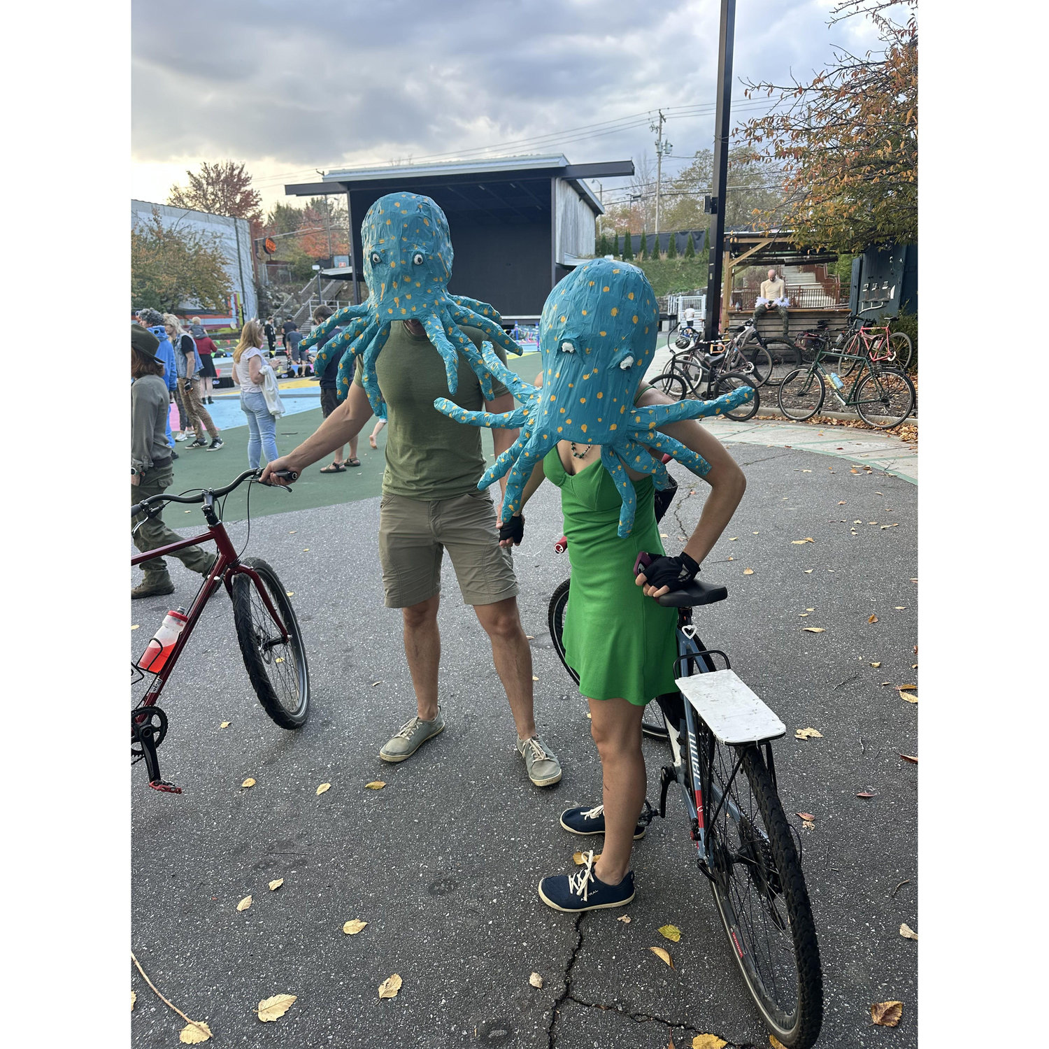 Dan made these epic octopi for our annual Halloween bike ride. And yes, we could see!