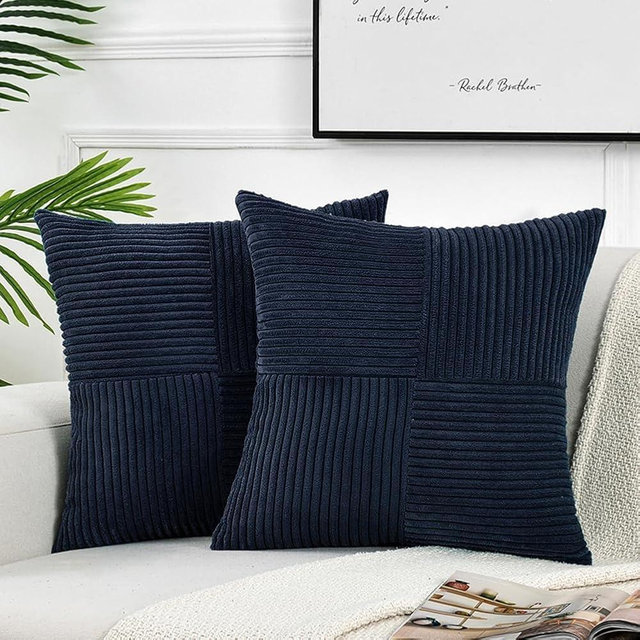 Fancy Homi 2 Packs Navy Blue Decorative Throw Pillow Covers 18x18 Inch for Living Room Couch Bed, Rustic Farmhouse Boho Home Decor, Soft Corss Corduroy Patchwork Textured Square Cushion Case 45x45 cm
