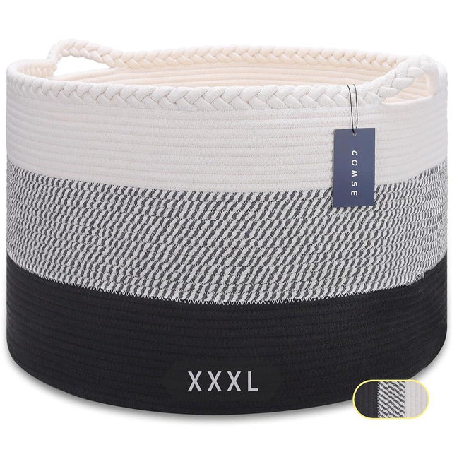 COMSE Extra Large Blanket Basket, Storage Basket, Large Laundry Basket, 21.7”x 13.8”, Cotton Rope Basket, Blanket Storage for Living Room, Toy Basket, Woven Basket, Clothes Baskets, White/Gray/Black