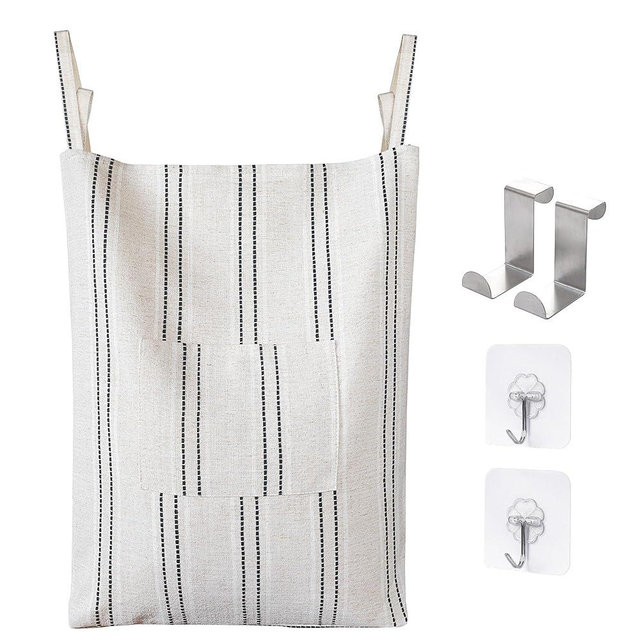 AELS Farmhouse Hanging Laundry Hamper with 2 Hooks, Boho Beige & Black Stripes Laundry Bag with Zipper & Wide Open Top, Over the Door Organizer for Dirty Clothes, Washable Space Saving Storage