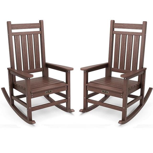 SERWALL HDPE Outdoor Rocking Chair Set of 2, Oversized Rocking Chairs, All Weather Resistant Outdoor Rockers for Lawn, Brown