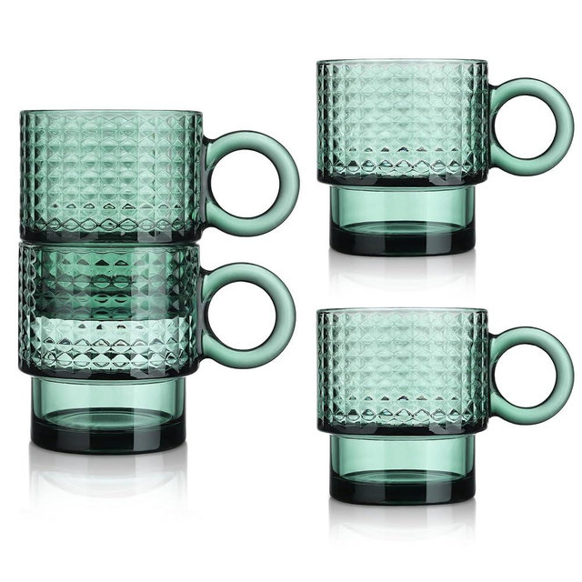 Joeyan Green Glass Coffee Mugs with Handle,Stackable Glass Coffee Cups with Diamond Design,Embossed Drinking Glasses for Espresso Cappuccino Latte Tea Milk,10 oz,Set of 4,Dishwasher Safe