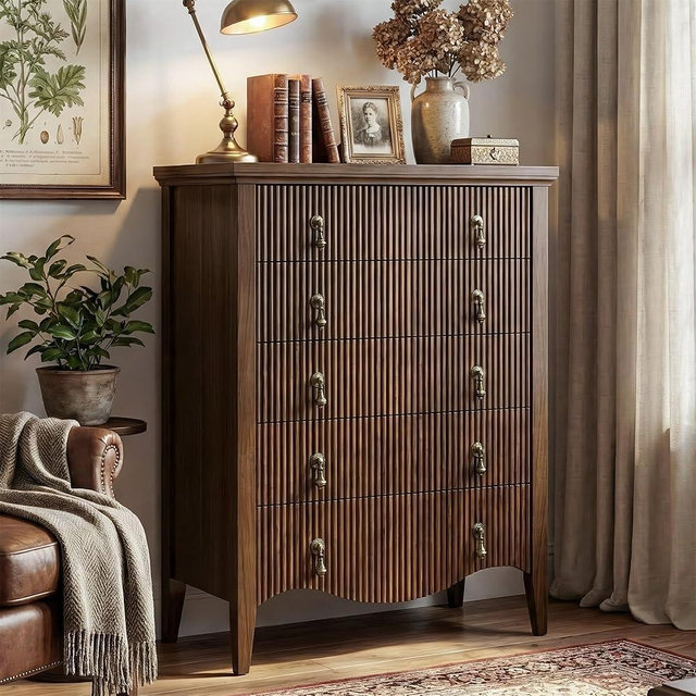 5 Drawer Dresser for Bedroom, Tall Fluted Chest of Drawers, Vintage Dark Brown Wood-Look Storage Cabinet, Freestanding Vertical Organizer with Antique Pulls for Living Room, Closet, and Hallway,Walnut