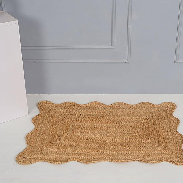 Natural Jute Area Rug, Scalloped Edge Rectangle, Handwoven Braided Design, Rustic Farmhouse Style, Indoor Floor Mat