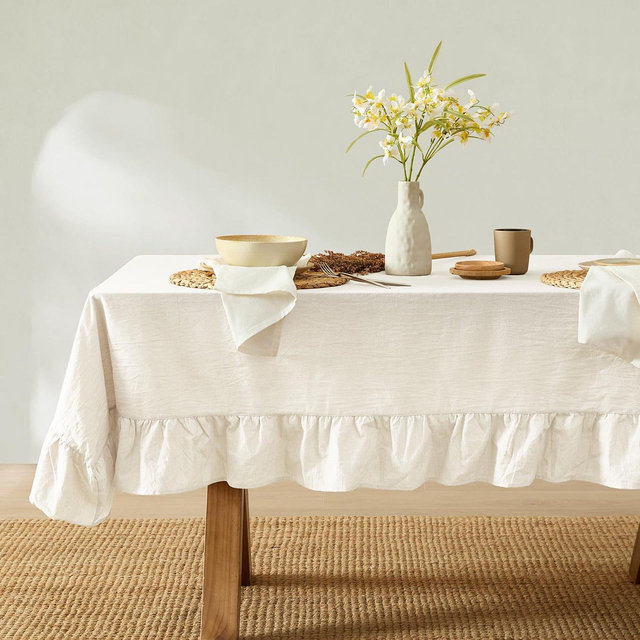 Corcovado Tablecloth – Ruffle Farmhouse Rustic Picnic Stonewashed Cotton Tablecloth (White)
